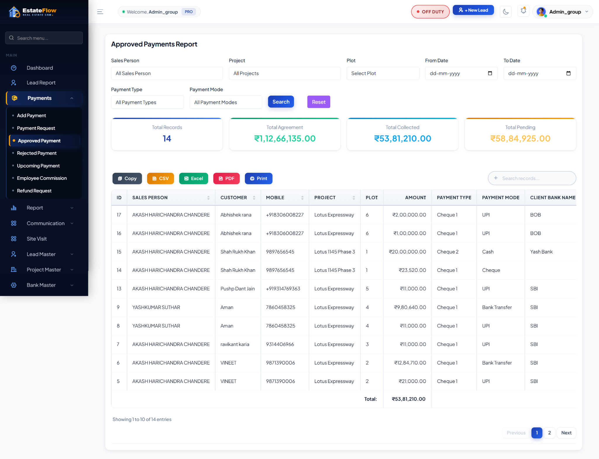 Approved payment report with filters, financial totals and export options